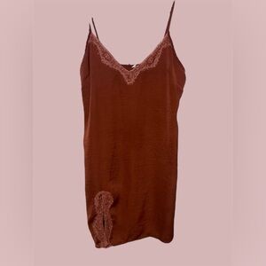 Lace Trim Rust Brown Slip Dress w Slit size M